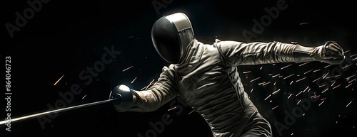 Long shot panoramic view of a fencer, elegant stance, sharp rapier pointed forward, illuminated against a deep black background photo
