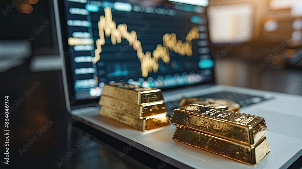 Gold bars on a sleek office desk, accompanied by a laptop showing live stock market data and graphs, highlighting real-time trading Gold bars on a sleek office desk, accompanied by a laptop showing live stock market data and graphs, highlighting real-time trading