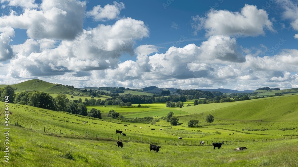 Cows graze peacefully in a lush green pasture under a bright blue sky. The rolling hills and abundant greenery create a scenic landscape. Cows graze peacefully in a lush green pasture under a bright blue sky. The rolling hills and abundant greenery create a scenic landscape.