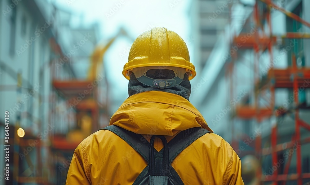 Construction worker with yellow hard hat at a construction siteviewed from behind. Concept of safety, construction, industrial work Construction worker with yellow hard hat at a construction siteviewed from behind. Concept of safety, construction, industrial work