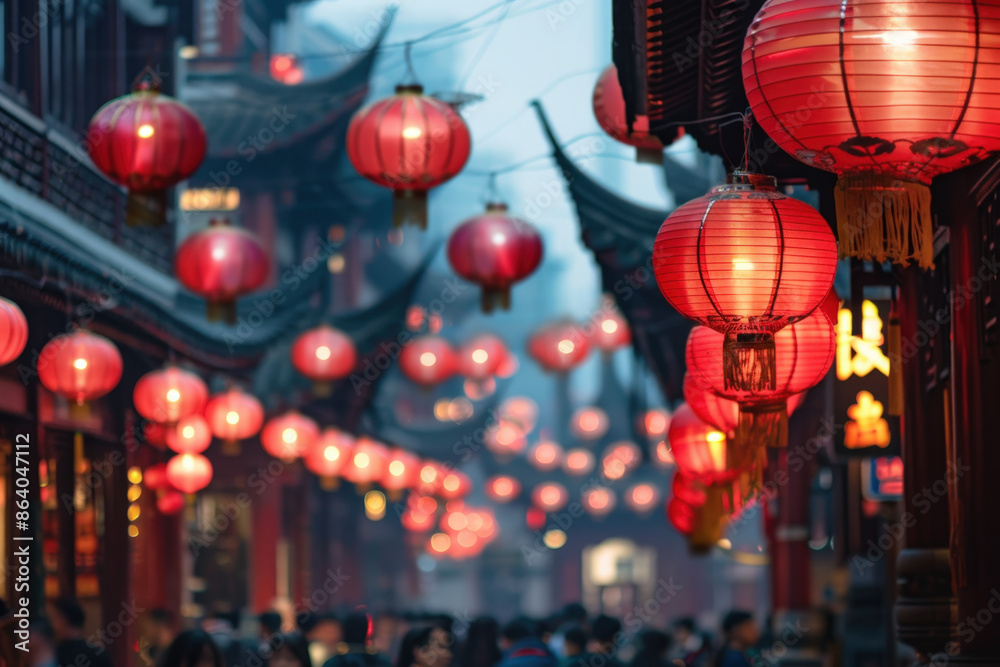 Red lanterns illuminating a street in china with people celebrating mid-autumn festival Red lanterns illuminating a street in china with people celebrating mid-autumn festival