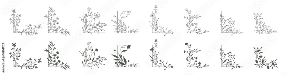 Floral corners set. Hand drawn botanical decoration with flowers, branch and herbs. Vector illustration with rustic trendy greenery in line art and silhouettes style
