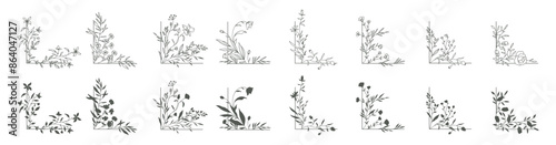 Floral corners set. Hand drawn botanical decoration with flowers, branch and herbs. Vector illustration with rustic trendy greenery in line art and silhouettes style