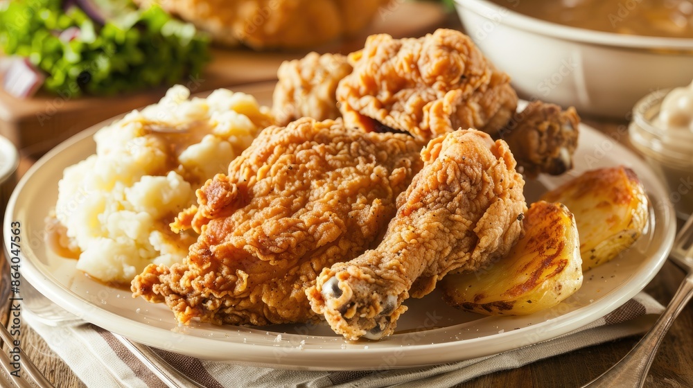 Homemade southern-style fried chicken served on a white plate with mashed potatoes and gravy, classic comfort food Homemade southern-style fried chicken served on a white plate with mashed potatoes and gravy, classic comfort food