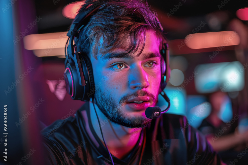 Man with beard wearing headset focused on computer screen in a gaming environment. Pink and blue lighting creates an intense and immersive atmosphere Man with beard wearing headset focused on computer screen in a gaming environment. Pink and blue lighting creates an intense and immersive atmosphere