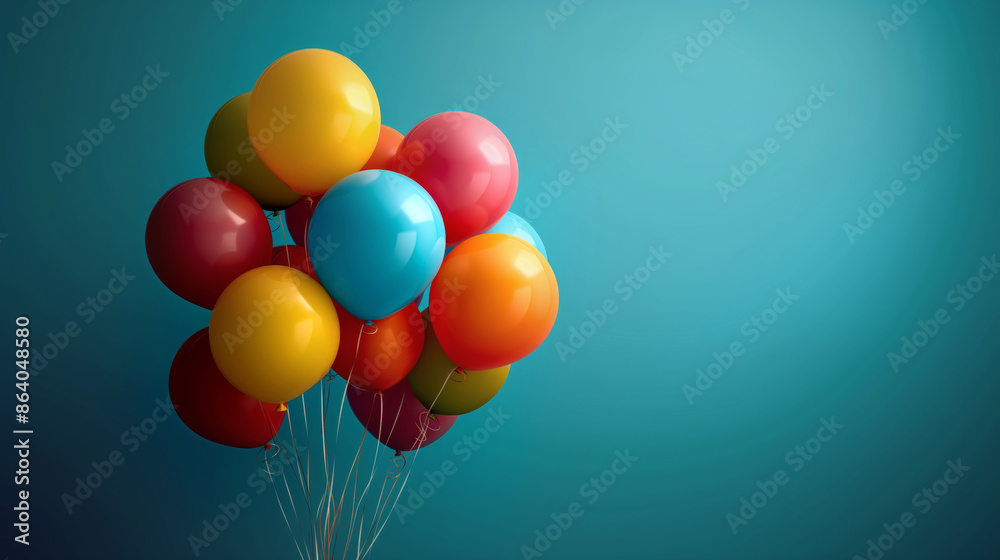 Colorful balloons floating against a blue background. Brightly colored balloons clustered together, creating a festive and cheerful atmosphere Colorful balloons floating against a blue background. Brightly colored balloons clustered together, creating a festive and cheerful atmosphere