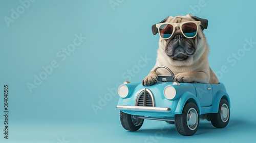Funny pug dog with sunglasses in toy car on light blue background 
