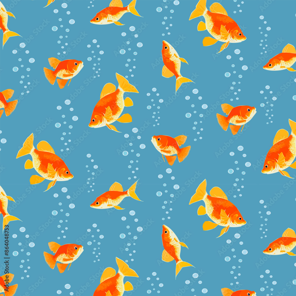 Fototapeta premium Vector pattern with goldfish.Beautiful goldfish and air bubbles on a colored background in a vector pattern.