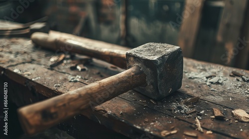 Close-up of sledgehammer with wooden handle, resting on a dusty wooden table, small debris around, vintage workshop atmosphere