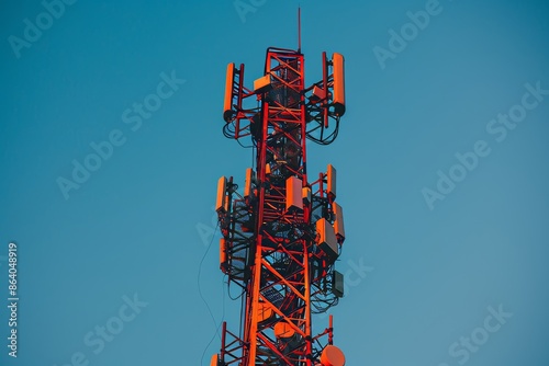 5G tower standing against a clear sky. The tower is equipped with multiple antennas and transmitters, highlighting communication technology.
