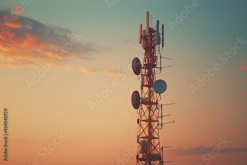 5G tower standing against a clear sky. The tower is equipped with multiple antennas and transmitters, highlighting communication technology.