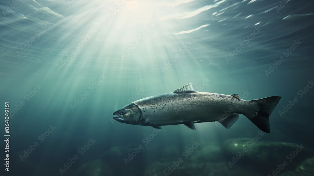 Fish swimming underwater with sunlight streaming through water. Scene captures serene aquatic environment with clear visibility and soft light rays illuminating fish and surroundings Fish swimming underwater with sunlight streaming through water. Scene captures serene aquatic environment with clear visibility and soft light rays illuminating fish and surroundings