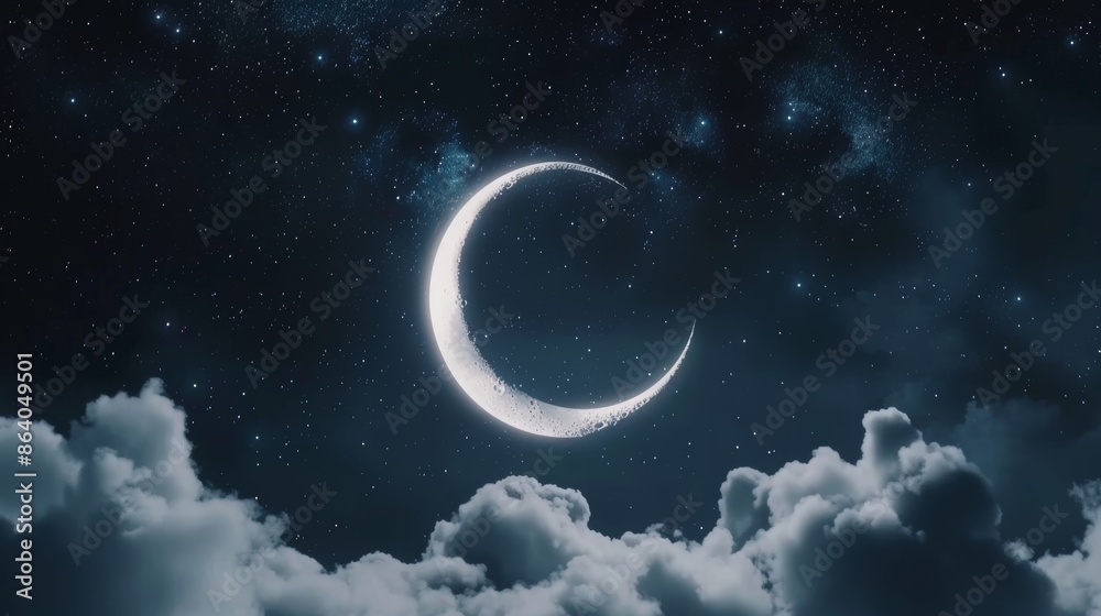 Crescent moon shining over starry night sky, clouds beneath, glowing constellations, ethereal and dreamlike, celestial fantasy Crescent moon shining over starry night sky, clouds beneath, glowing constellations, ethereal and dreamlike, celestial fantasy
