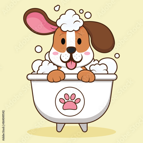 Cute dog taking a bath in a bathtub for grooming logo
