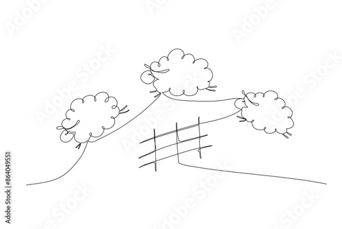 Three cute jumping sheep one by one and fence, one contour line drawing