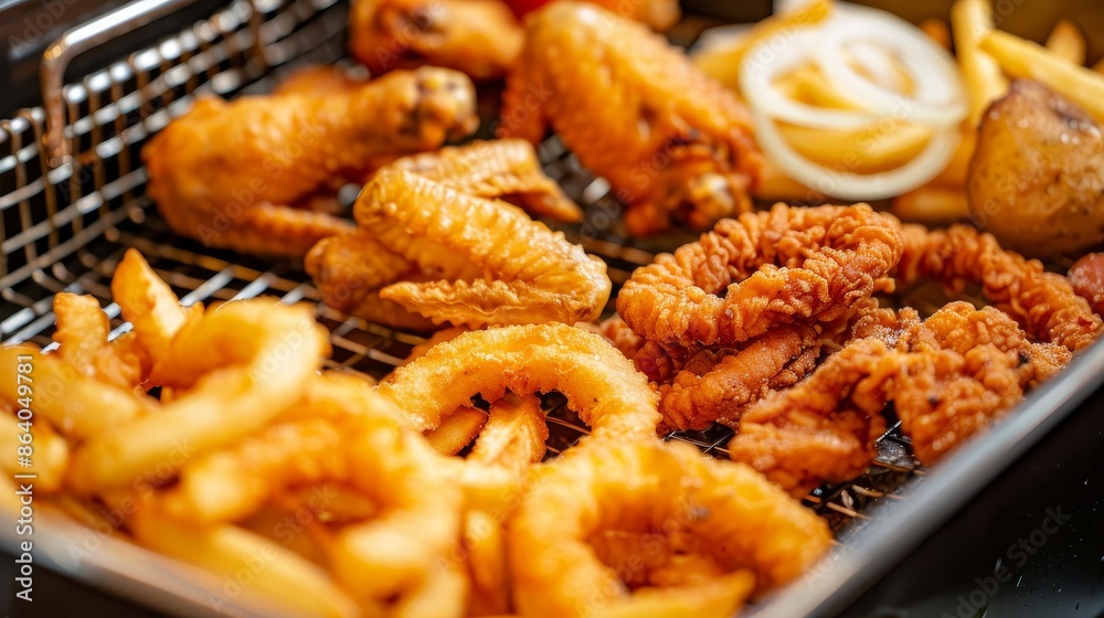 Crispy fries, juicy chicken wings, and onion rings in a deep fryer, golden and sizzling, rich textures and colors, inviting and delicious Crispy fries, juicy chicken wings, and onion rings in a deep fryer, golden and sizzling, rich textures and colors, inviting and delicious