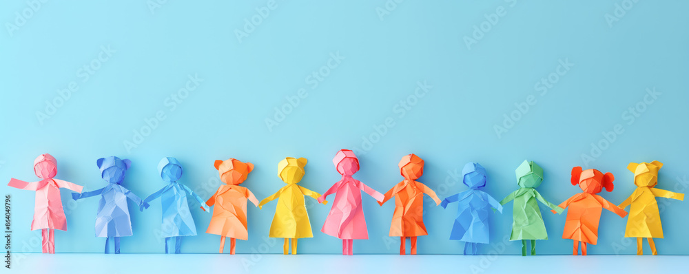 Children cutting from colourful papers standing with raising hands in the air. Concept of happy and friendship. Children cutting from colourful papers standing with raising hands in the air. Concept of happy and friendship.