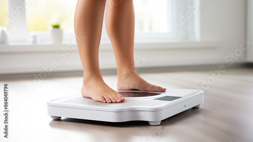 Close-up photo of woman legs stepping on floor scales indoors.