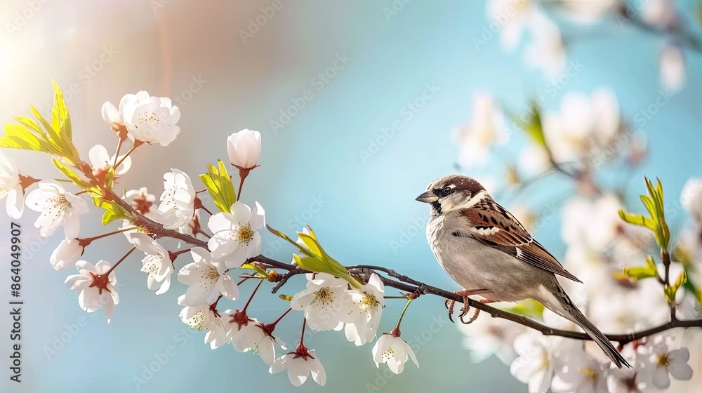 Fototapeta premium Sparrow Perched on a Branch With Spring Blossoms