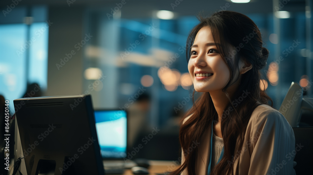 Asian woman using laptop in modern office interiors. Asian woman working on laptop Asian woman using laptop in modern office interiors. Asian woman working on laptop