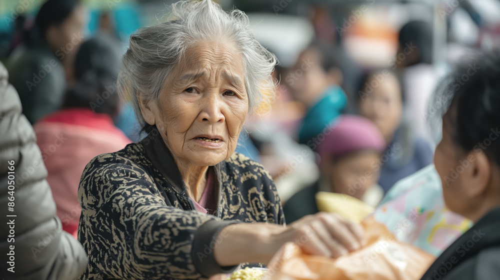 Elderly Asian woman with grey hair looks concerned while distributing food in a refugee camp. People and tents are visible in the background, creating a scene of humanitarian aid and support Elderly Asian woman with grey hair looks concerned while distributing food in a refugee camp. People and tents are visible in the background, creating a scene of humanitarian aid and support