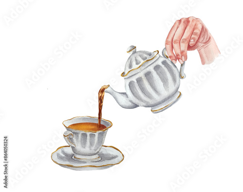 Watercolor hand holding a white ceramic tea kettle pouring tea into a cup with saucer. Hand drawn watercolor teatime illustration.