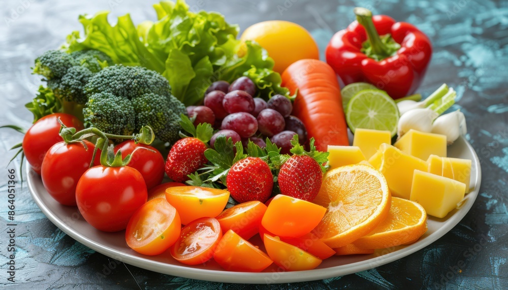 A variety of fresh organic vegetables and fruits on a plate A variety of fresh organic vegetables and fruits on a plate