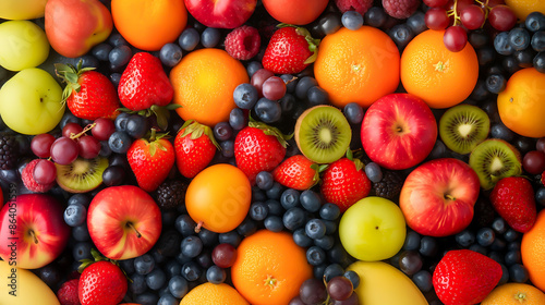 Top down aerial view of assortment of healthy raw fruits and berries platter background