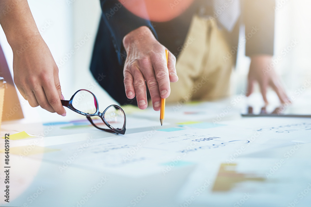 Hands, people and office with documents for strategy, feedback and report on company growth. Business, employees and paperwork with teamwork or collaboration for project planning in boardroom