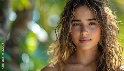 Closeup portrait of a beautiful young woman with wet hair looking at camera