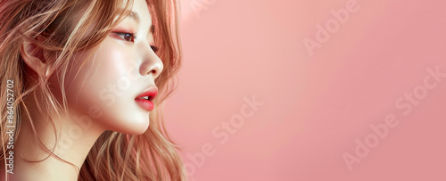 young beautiful Korean woman skin care beauty skincare cosmetics pink background copy space