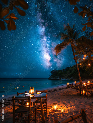 Romantic dinner under the milky way on a tropical beach