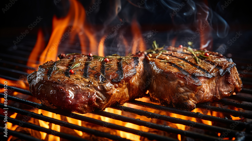 grilled meat on the grill, a grilled steak with flames in the background, food photography. grilled meat on the grill, a grilled steak with flames in the background, food photography.
