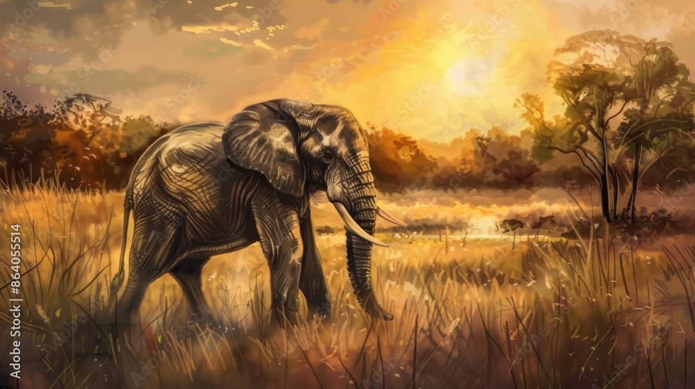 Fototapeta premium African Elephant in a Golden Savannah