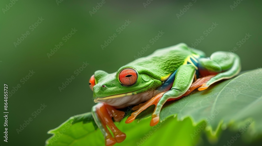 Naklejka premium Green Tree Frog on a Leaf
