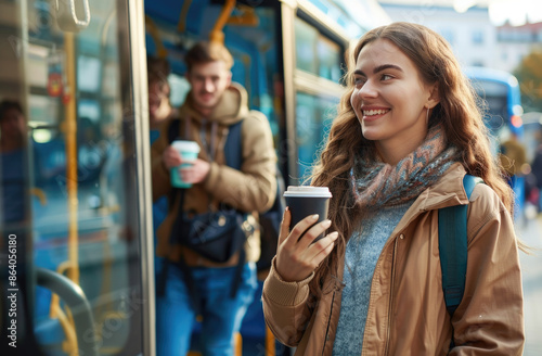 Young woman with mobile phone and coffee cup in hand, walking towards city bus at the station while smiling man holding digital tablet is waiting for her on background. City life concept © Kien