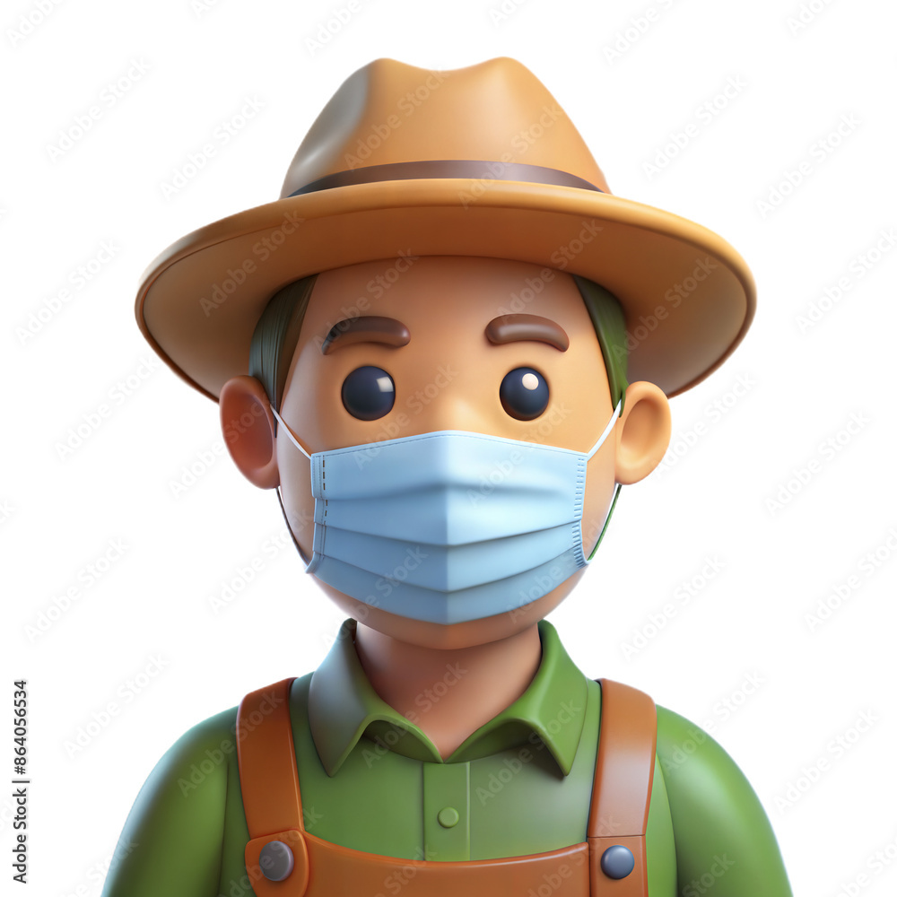 3D illustration of a farmer wearing a hat and face mask 3D illustration of a farmer wearing a hat and face mask