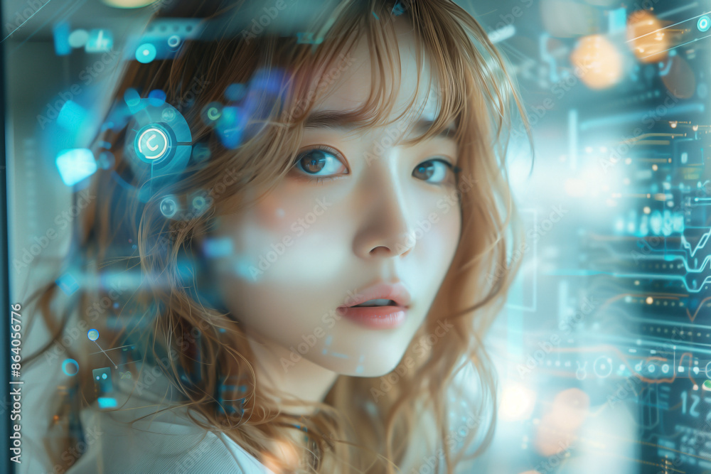 An Overlay frame of AI and Cloud Computing with Asian woman's face in Amazing expression An Overlay frame of AI and Cloud Computing with Asian woman's face in Amazing expression