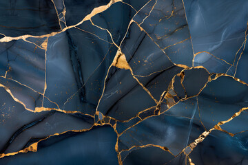 Abstract kintsugi background. Navy blue and gold marble texture.
