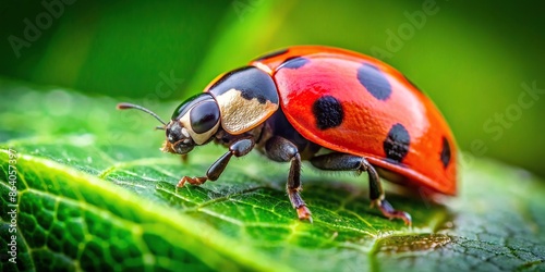 A close-up photo of a vibrant red and black ladybug crawling on a green leaf , insect, beetle, small, colorful, nature, spotted photo