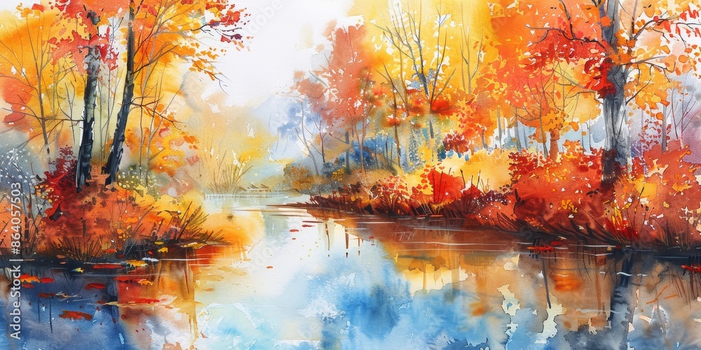 Naklejka premium The watercolor painting shows a river flowing through a forest in autumn