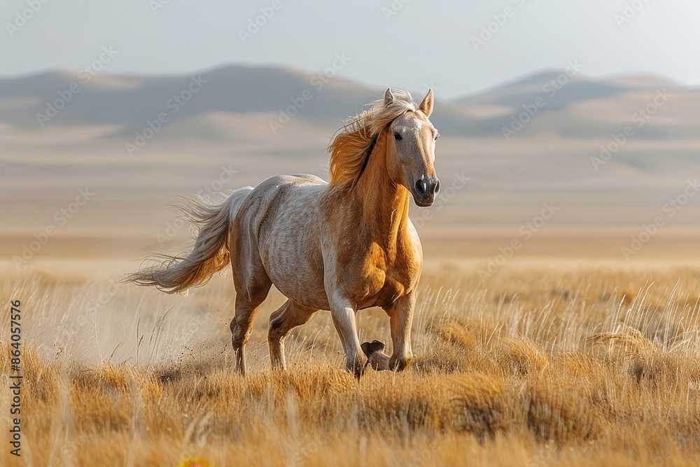 Fototapeta premium A Przewalski's horse galloping across the Mongolian steppe, its stocky build and sandy-colored coat standing out against the rugged terrain.