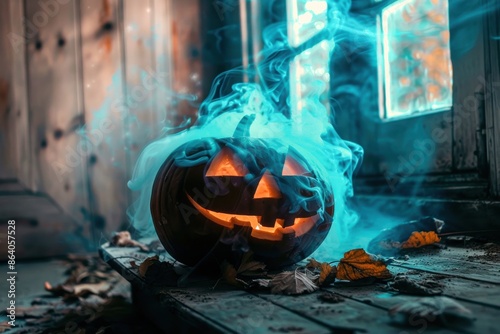 A carved pumpkin sits on a wooden floor, emitting blue smoke in a dilapidated, abandoned house
