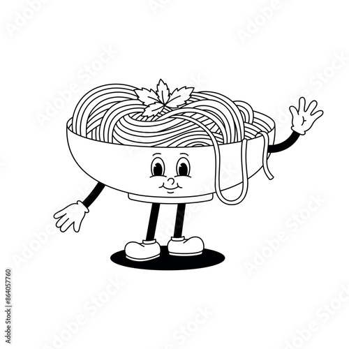 Vector monochrome illustration of a cartoon retro mascot walking a plate with pasta. Vintage style 30s, 40s, 50s old animation. Sticker isolated on white background.