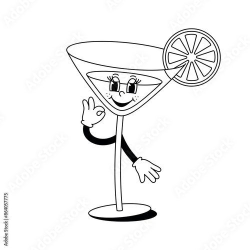 Vector linear monochrome illustration of retro mascot character walking glass with cocktail and orange slice. Isolated on white background.