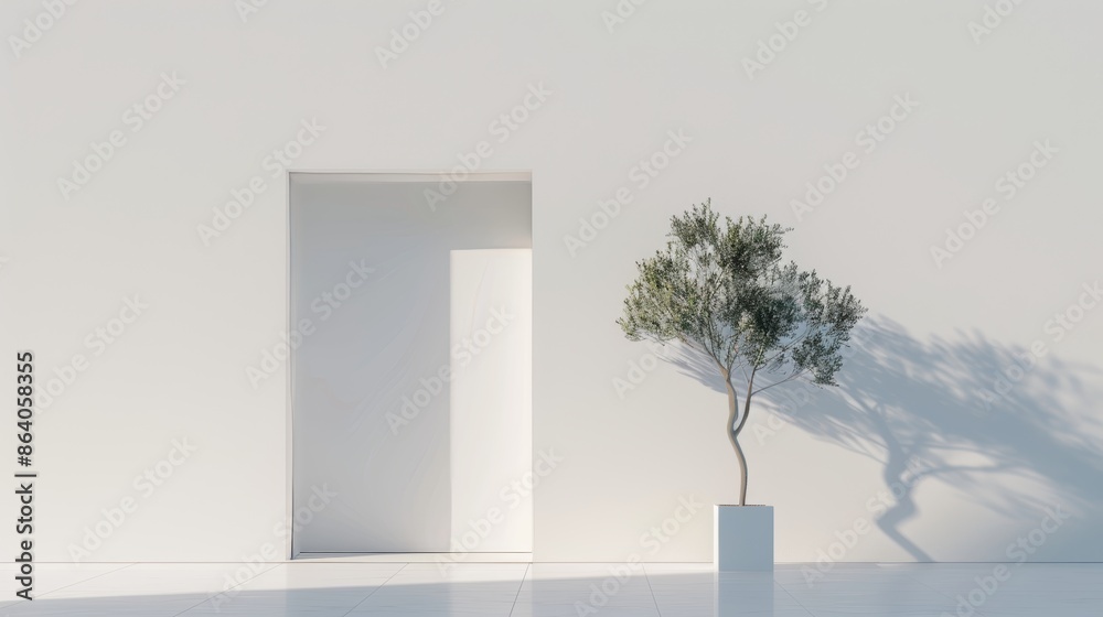 Obraz premium Minimalist composition featuring a slightly ajar door and a prominent tree, clean and simple lines, serene atmosphere, soft lighting