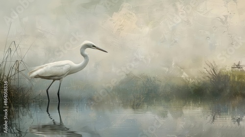 A single egret gracefully positioned in a calm wetland its neck arching elegantly in an S shape symbolizing serenity and beauty in nature photo