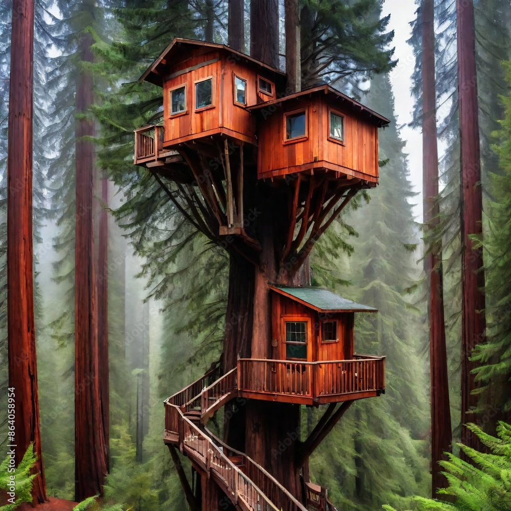 Tree houses in a forest covered with redwood trees Tree houses in a forest covered with redwood trees