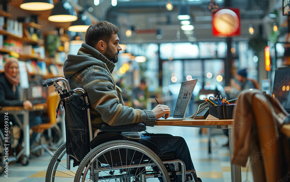 Man in wheelchair working on laptop. Generative AI Man in wheelchair working on laptop. Generative AI
