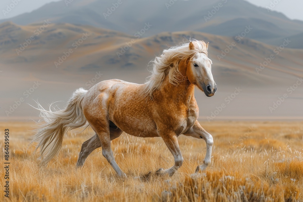 A Przewalski's horse galloping across the Mongolian steppe, its stocky build and sandy-colored coat standing out against the rugged terrain. A Przewalski's horse galloping across the Mongolian steppe, its stocky build and sandy-colored coat standing out against the rugged terrain.